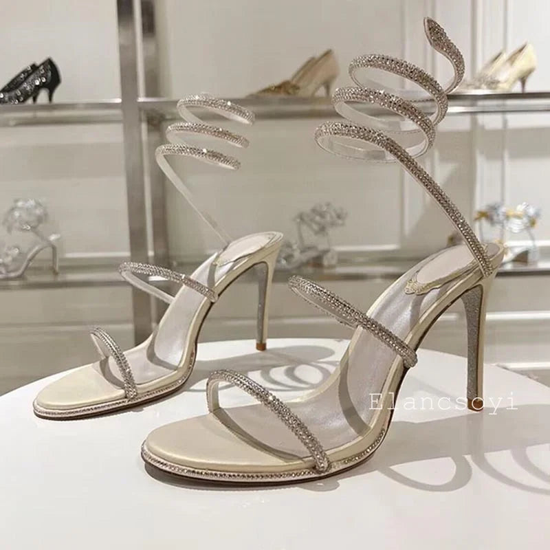 High Heels Gladiator Sandals Women Shiny Rhinestone Ankle Snake Shaped Winding Party Shoes Sexy Thin Heels Open Toe Sandalias