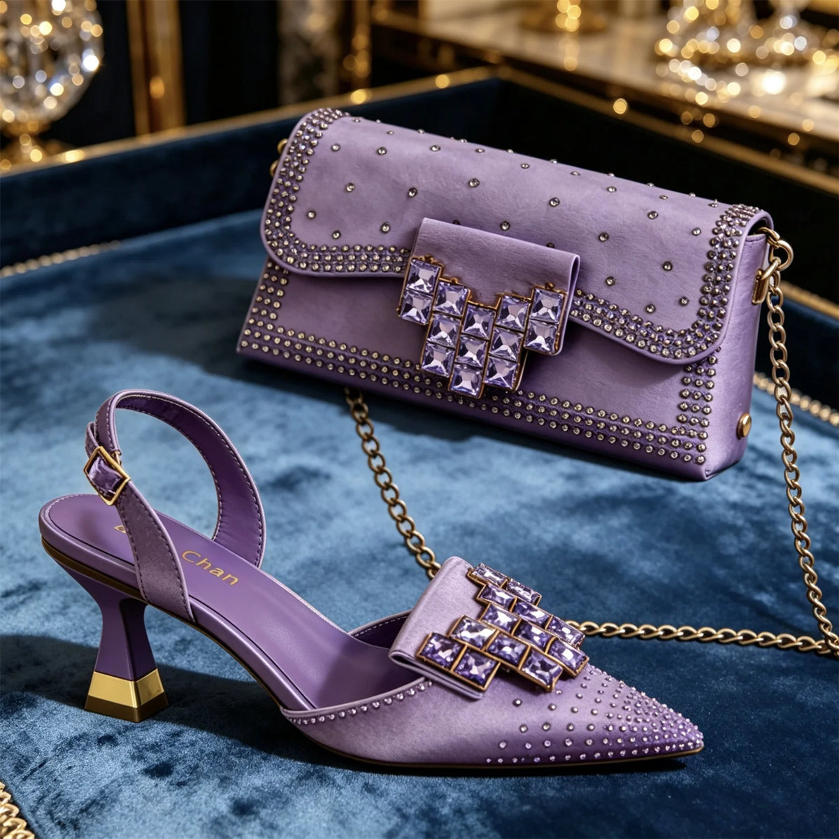 Women's Elegant Deep Navy Blue Stunning Rhinestones Pointed Toe Slingback Low Heels Sandals & Clutch Bag Set Wedding Party Shoes
