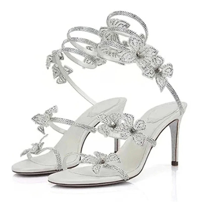 Eilyken Sexy Crystal Butterfly-knot Ankle Strap Woman Sandals Fashion Open Toe Stiletto High Heels Banquet Party Pumps Shoes