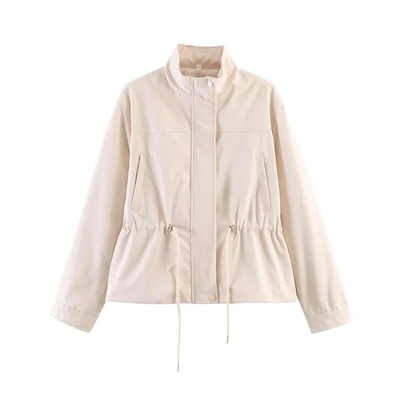 Women's Jacket 2026 New Fashion Long-Sleeve Drawstring Waist Stand-Collar Jacket Casual Chic Personality Autumn Ladies Coat