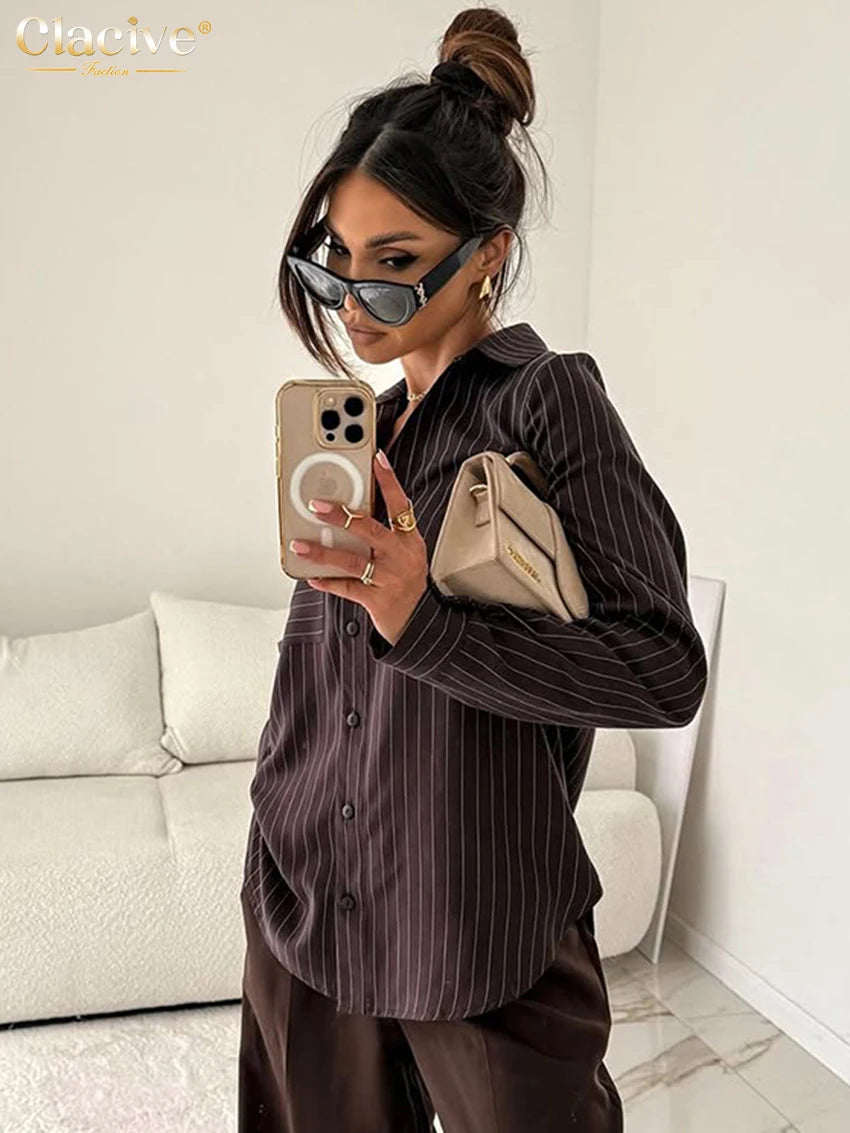 Clacive Fashion Loose Wine Red Stripe Print Women's Blouse Spring Lapel Long Sleeve Lady Shirt Elegant Classic Top Female Clothi