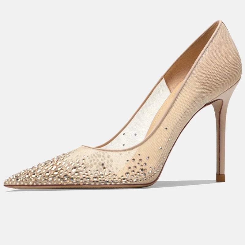 Yuejinlong Elegant Champagne Rhinestone Wedding Shoes Mesh Pointed Toe Stiletto High Heels Sexy Fairy Style Party Pumps 2026