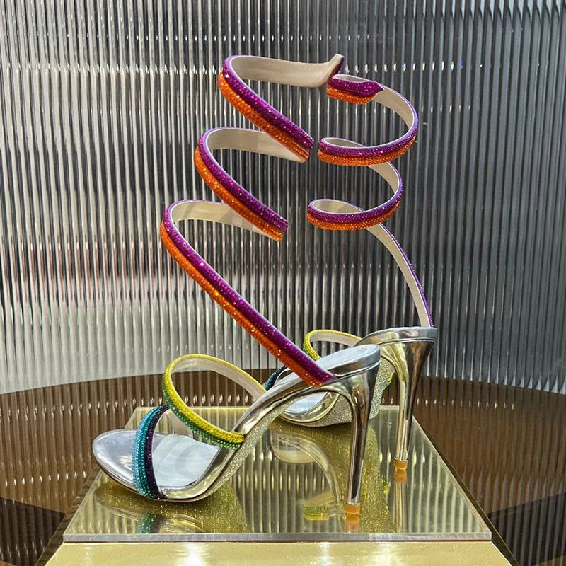 High Heels Gladiator Sandals Women Shiny Rhinestone Ankle Snake Shaped Winding Party Shoes Sexy Thin Heels Open Toe Sandalias