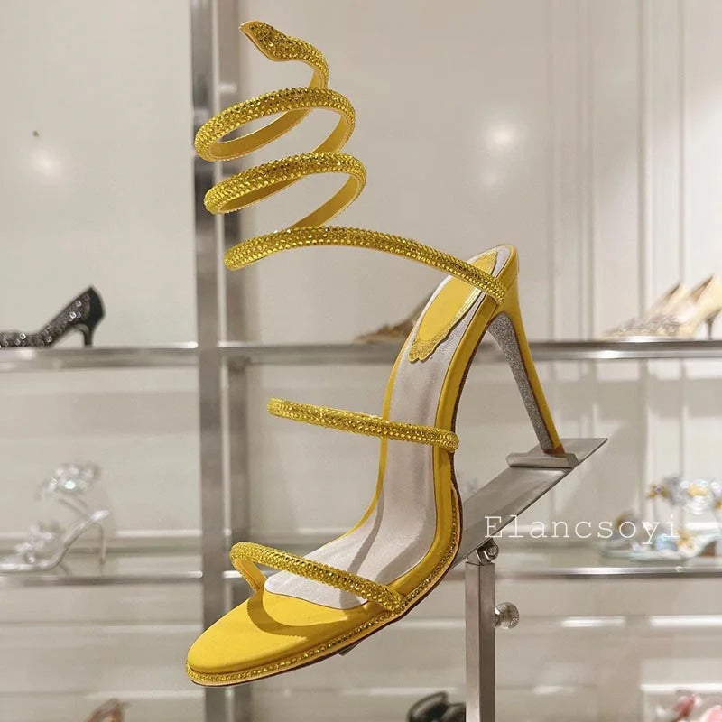High Heels Gladiator Sandals Women Shiny Rhinestone Ankle Snake Shaped Winding Party Shoes Sexy Thin Heels Open Toe Sandalias