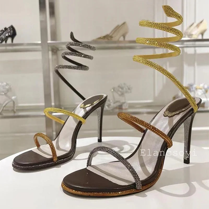 High Heels Gladiator Sandals Women Shiny Rhinestone Ankle Snake Shaped Winding Party Shoes Sexy Thin Heels Open Toe Sandalias