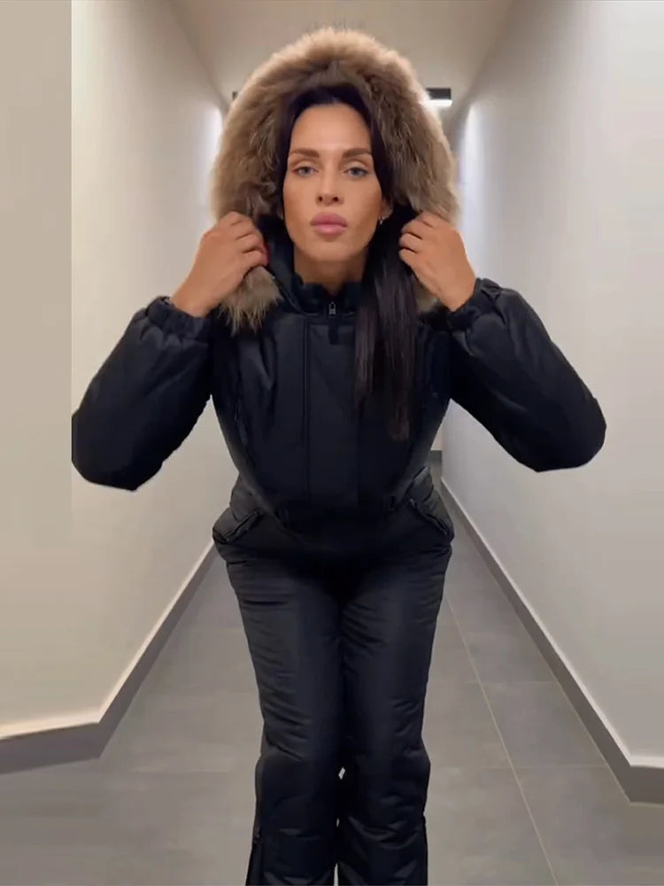 Solid Faux Fur Collar Skiing Jumpsuit Women's Full Sleeves Belted Zipper Pockets Rompers 2026 New Ladies Winter Fashion Snowsuit