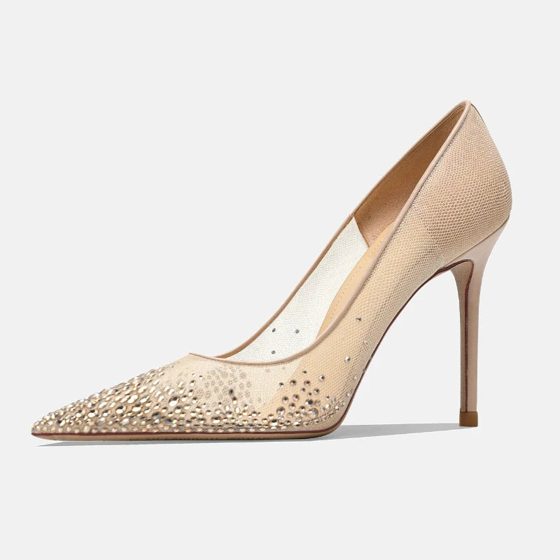 Yuejinlong Elegant Champagne Rhinestone Wedding Shoes Mesh Pointed Toe Stiletto High Heels Sexy Fairy Style Party Pumps 2026