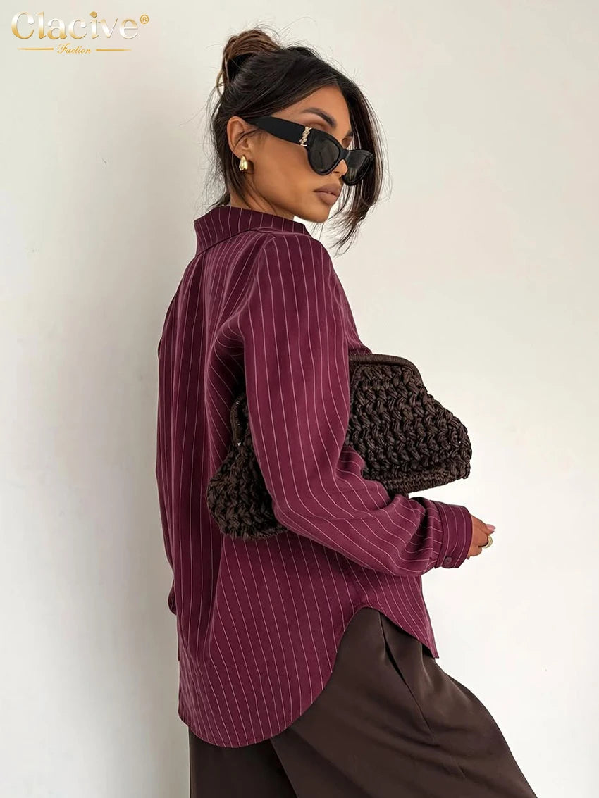 Clacive Fashion Loose Wine Red Stripe Print Women's Blouse Spring Lapel Long Sleeve Lady Shirt Elegant Classic Top Female Clothi