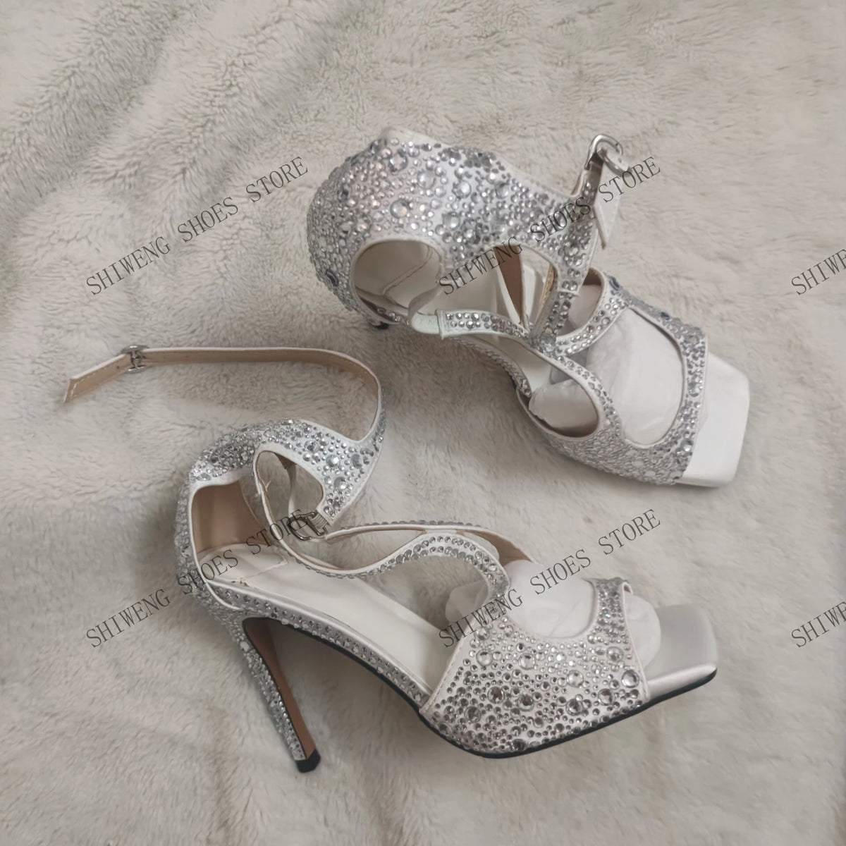 2026 Summer Women Luxury Bridal Rhinestone Stiletto Sandals Cutout Crisscross Straps Square Toe Ankle Buckle Heels