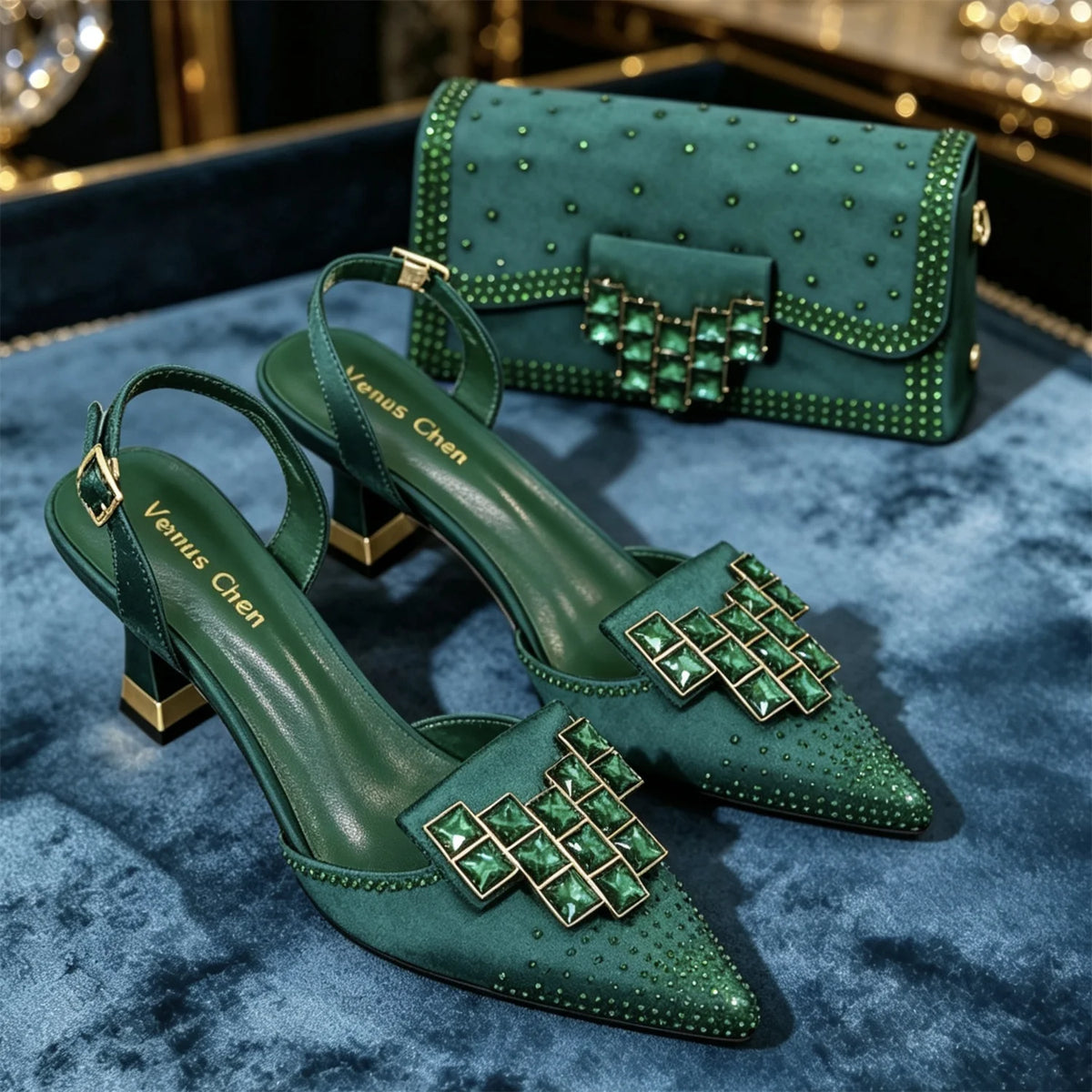 Women's Elegant Deep Navy Blue Stunning Rhinestones Pointed Toe Slingback Low Heels Sandals & Clutch Bag Set Wedding Party Shoes
