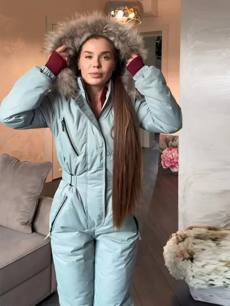 Solid Faux Fur Collar Skiing Jumpsuit Women's Full Sleeves Belted Zipper Pockets Rompers 2026 New Ladies Winter Fashion Snowsuit