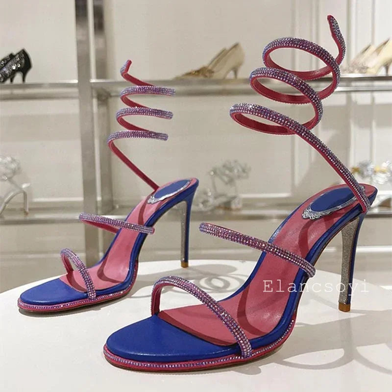 High Heels Gladiator Sandals Women Shiny Rhinestone Ankle Snake Shaped Winding Party Shoes Sexy Thin Heels Open Toe Sandalias