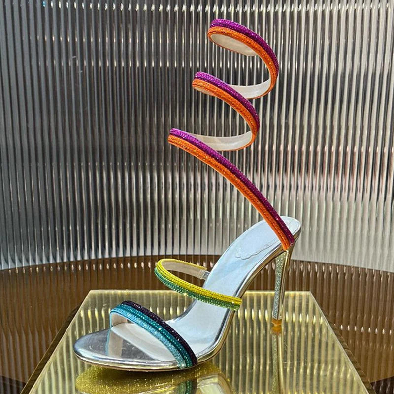 High Heels Gladiator Sandals Women Shiny Rhinestone Ankle Snake Shaped Winding Party Shoes Sexy Thin Heels Open Toe Sandalias
