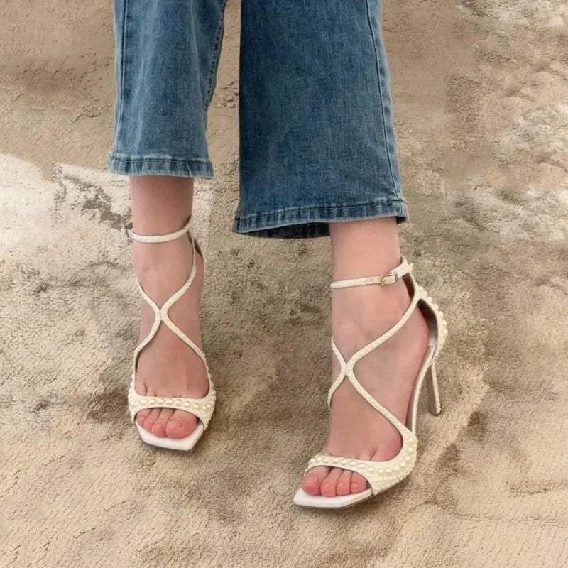 Square Headed Fish Mouth Sexy Pearl Strap Sandals New European  American Summer Women's Pearl Wedding Bride High Heels Shose 45