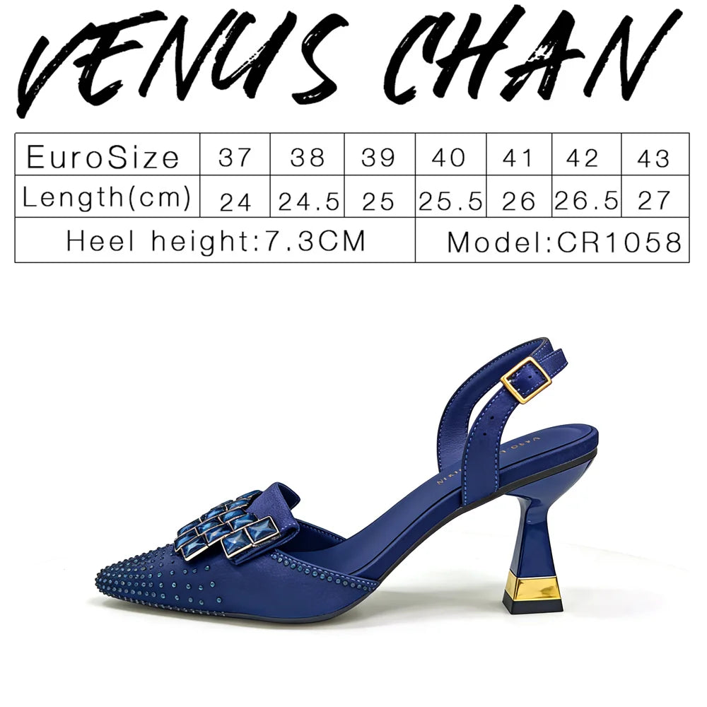 Women's Elegant Deep Navy Blue Stunning Rhinestones Pointed Toe Slingback Low Heels Sandals & Clutch Bag Set Wedding Party Shoes
