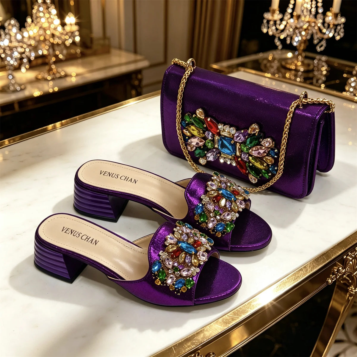 New Elegant 2026 Purple Peep Toe Women Heels with Diamond Accents - Italian Design Matching Pumps and Bag Set for Parties