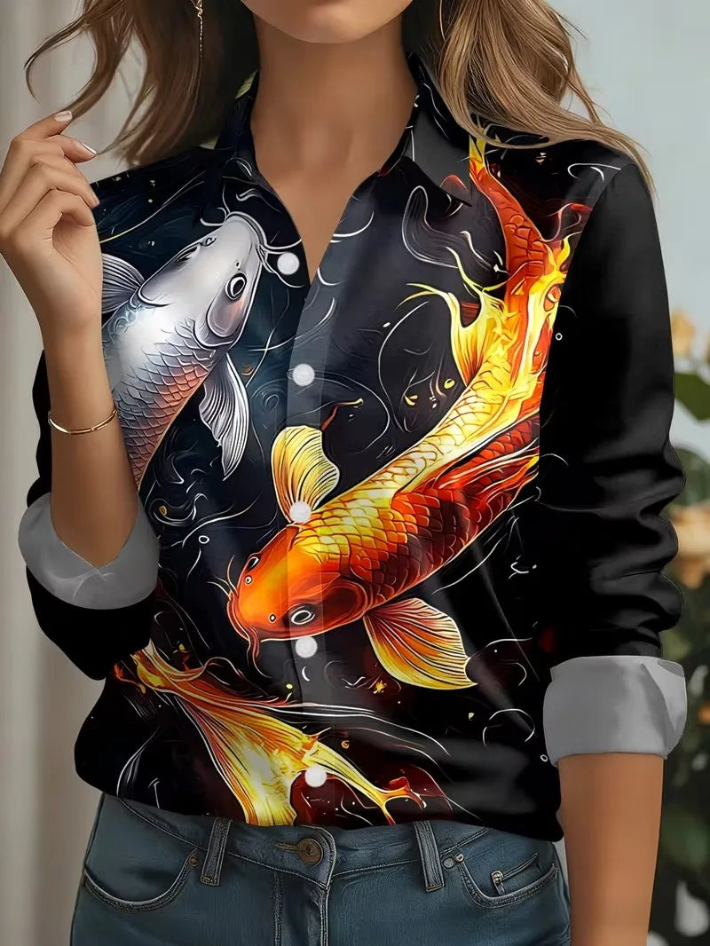 2026 Autumn New 3D Floral Print Blouse Ladies Long Sleeve Button Laple Loose Shirt Tops Casual Fashion Spring Women's Clothing