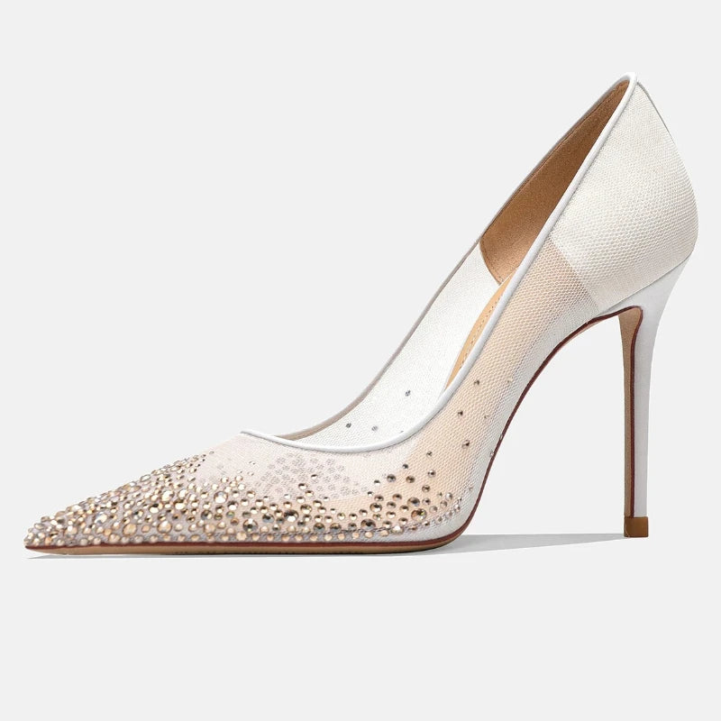Yuejinlong Elegant Champagne Rhinestone Wedding Shoes Mesh Pointed Toe Stiletto High Heels Sexy Fairy Style Party Pumps 2026
