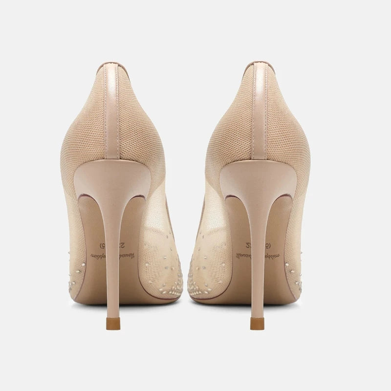 Yuejinlong Elegant Champagne Rhinestone Wedding Shoes Mesh Pointed Toe Stiletto High Heels Sexy Fairy Style Party Pumps 2026