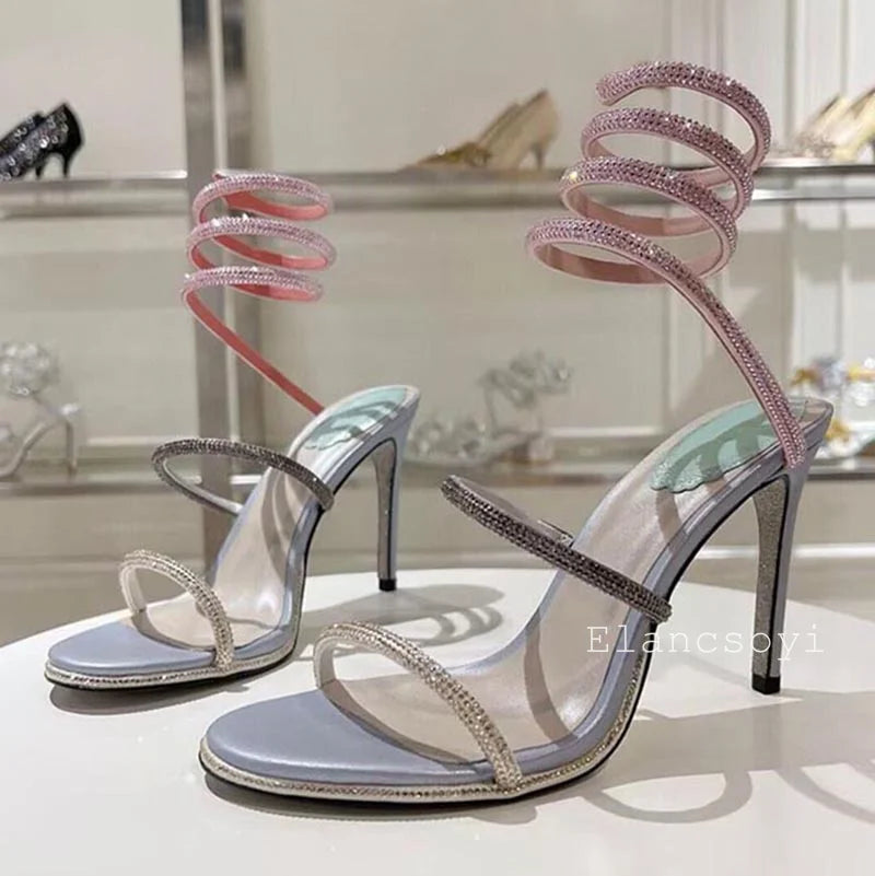 High Heels Gladiator Sandals Women Shiny Rhinestone Ankle Snake Shaped Winding Party Shoes Sexy Thin Heels Open Toe Sandalias