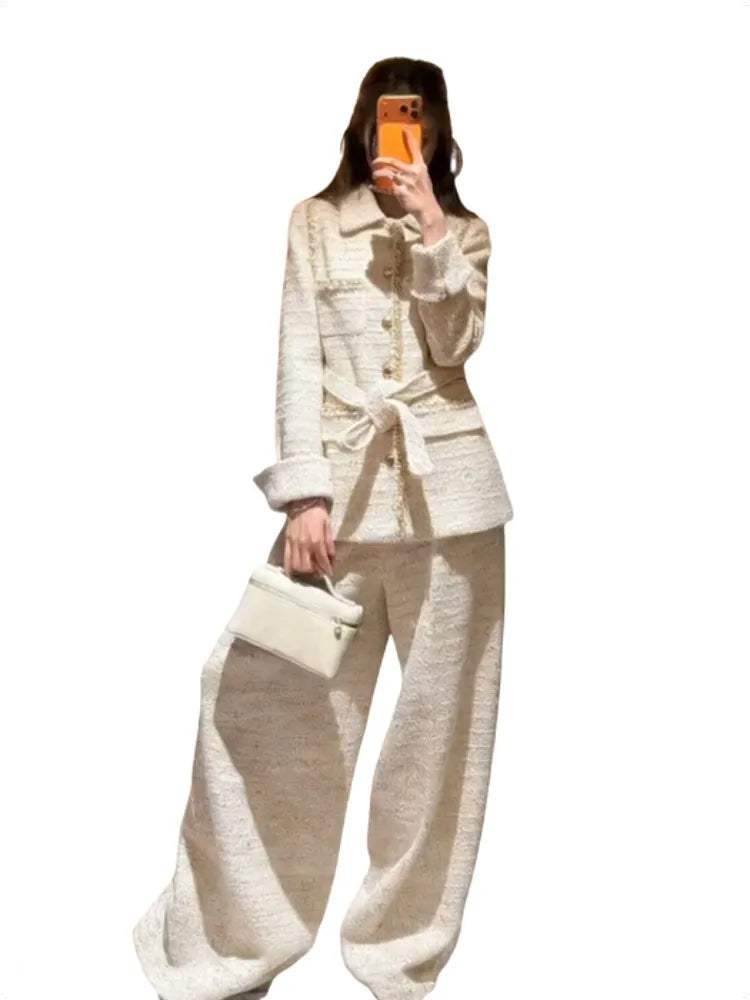Korean Style Ladies Belt Tweed Single Breasted Long Sleeves Coat Wide Leg Pants Two Piece Set Work Women Straight Long Pant Sets