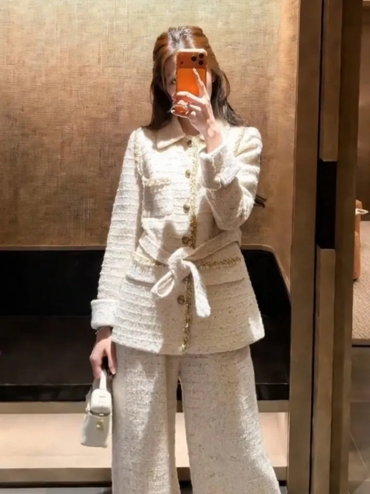 Korean Style Ladies Belt Tweed Single Breasted Long Sleeves Coat Wide Leg Pants Two Piece Set Work Women Straight Long Pant Sets