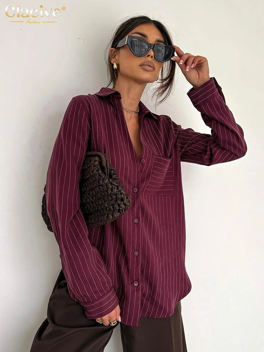 Clacive Fashion Loose Wine Red Stripe Print Women's Blouse Spring Lapel Long Sleeve Lady Shirt Elegant Classic Top Female Clothi