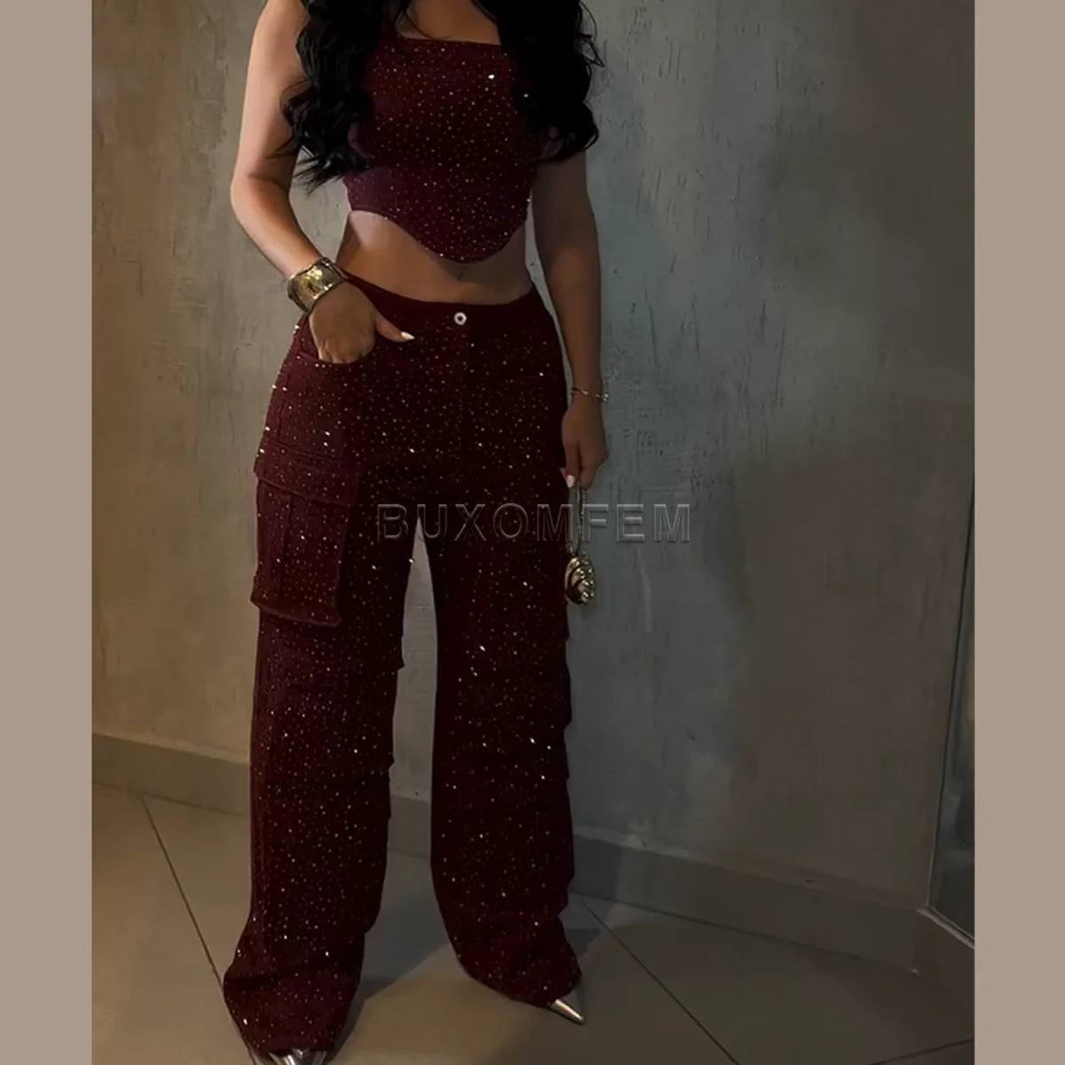 Ladies Diamond Strap Work Pants Set Fashion Push Up Trousers Women's Demin Jumpsuits Streetwear Outfits Evening Party Clothings