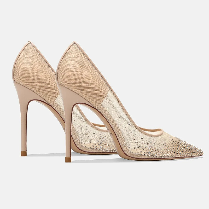 Yuejinlong Elegant Champagne Rhinestone Wedding Shoes Mesh Pointed Toe Stiletto High Heels Sexy Fairy Style Party Pumps 2026