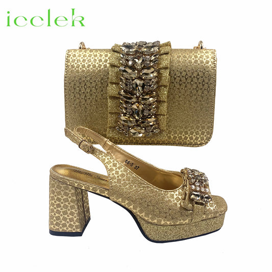 Gold Elegant Women's High Heels Shoes And Bag Set with Rhinestone Decoration Wedding Party Spot Goods OL Fashion Handbag