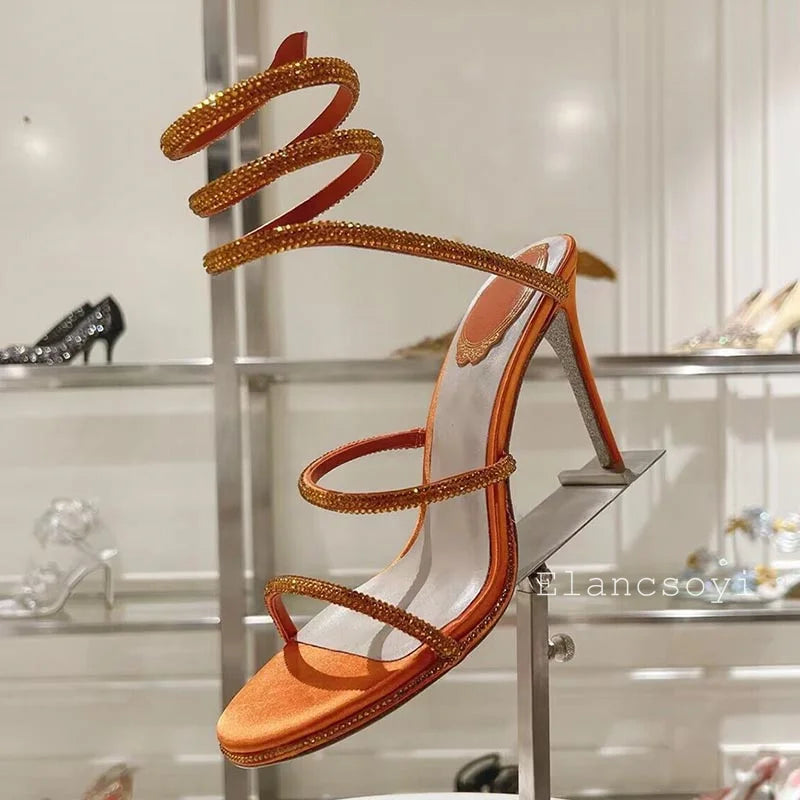 High Heels Gladiator Sandals Women Shiny Rhinestone Ankle Snake Shaped Winding Party Shoes Sexy Thin Heels Open Toe Sandalias