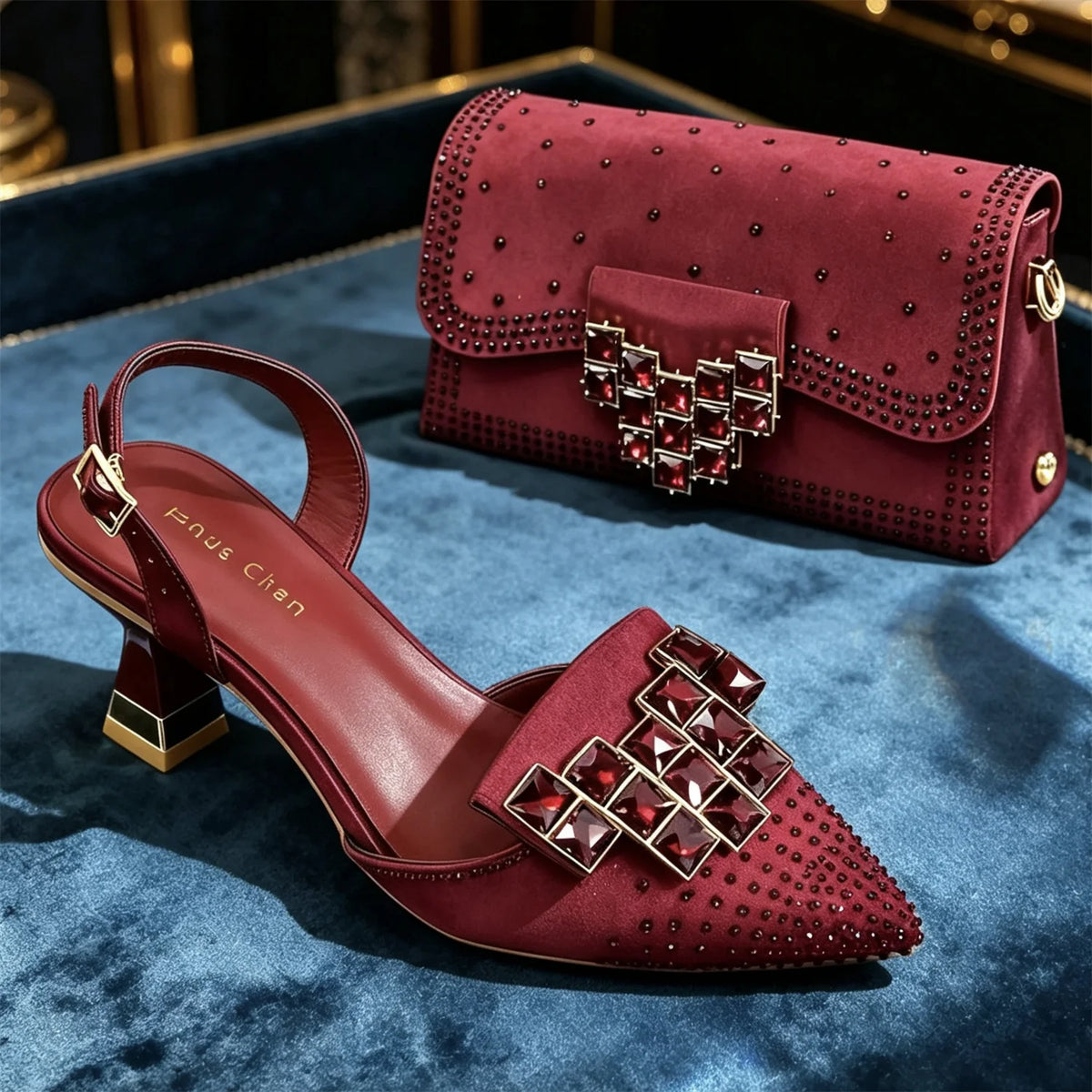 Women's Elegant Deep Navy Blue Stunning Rhinestones Pointed Toe Slingback Low Heels Sandals & Clutch Bag Set Wedding Party Shoes