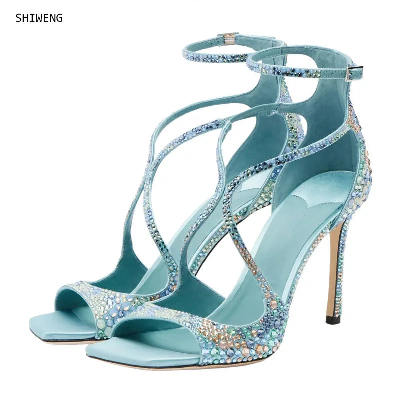 2026 Summer Women Luxury Bridal Rhinestone Stiletto Sandals Cutout Crisscross Straps Square Toe Ankle Buckle Heels