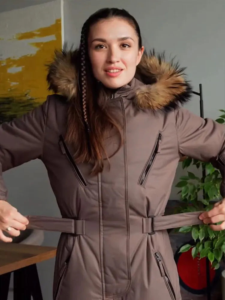 Solid Faux Fur Collar Skiing Jumpsuit Women's Full Sleeves Belted Zipper Pockets Rompers 2026 New Ladies Winter Fashion Snowsuit