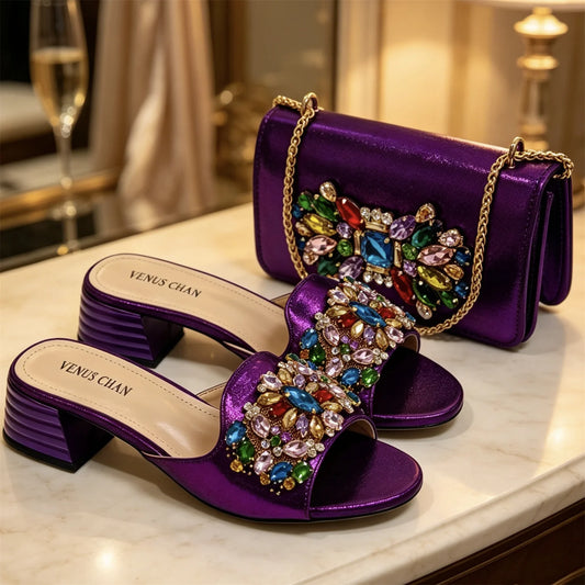 New Elegant 2026 Purple Peep Toe Women Heels with Diamond Accents - Italian Design Matching Pumps and Bag Set for Parties