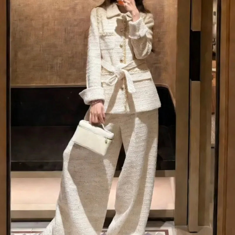 Korean Style Ladies Belt Tweed Single Breasted Long Sleeves Coat Wide Leg Pants Two Piece Set Work Women Straight Long Pant Sets
