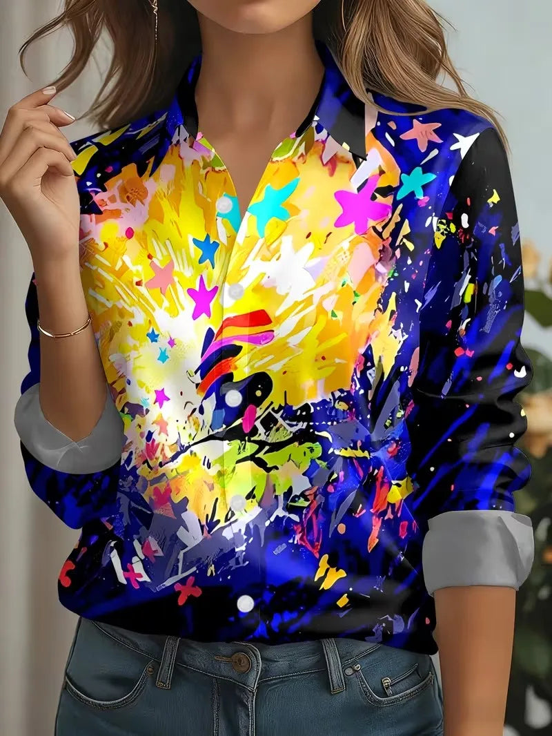 2026 Autumn New 3D Floral Print Blouse Ladies Long Sleeve Button Laple Loose Shirt Tops Casual Fashion Spring Women's Clothing