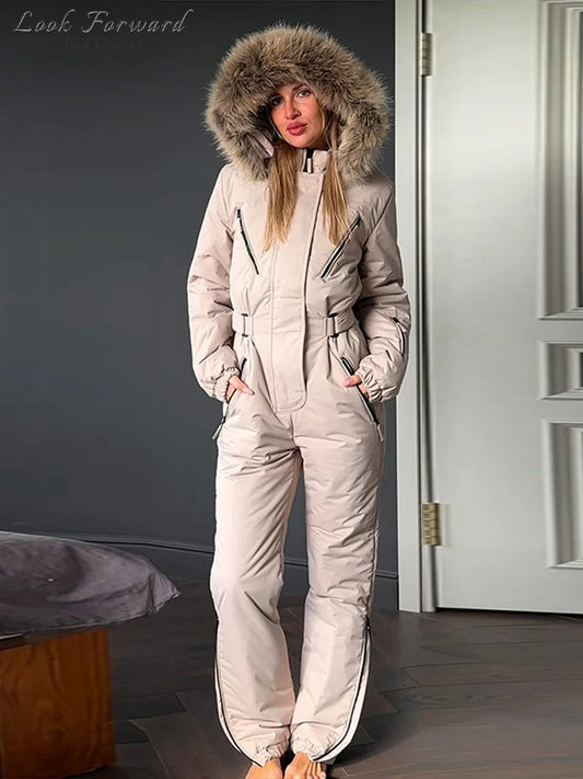 Solid Faux Fur Collar Skiing Jumpsuit Women's Full Sleeves Belted Zipper Pockets Rompers 2026 New Ladies Winter Fashion Snowsuit