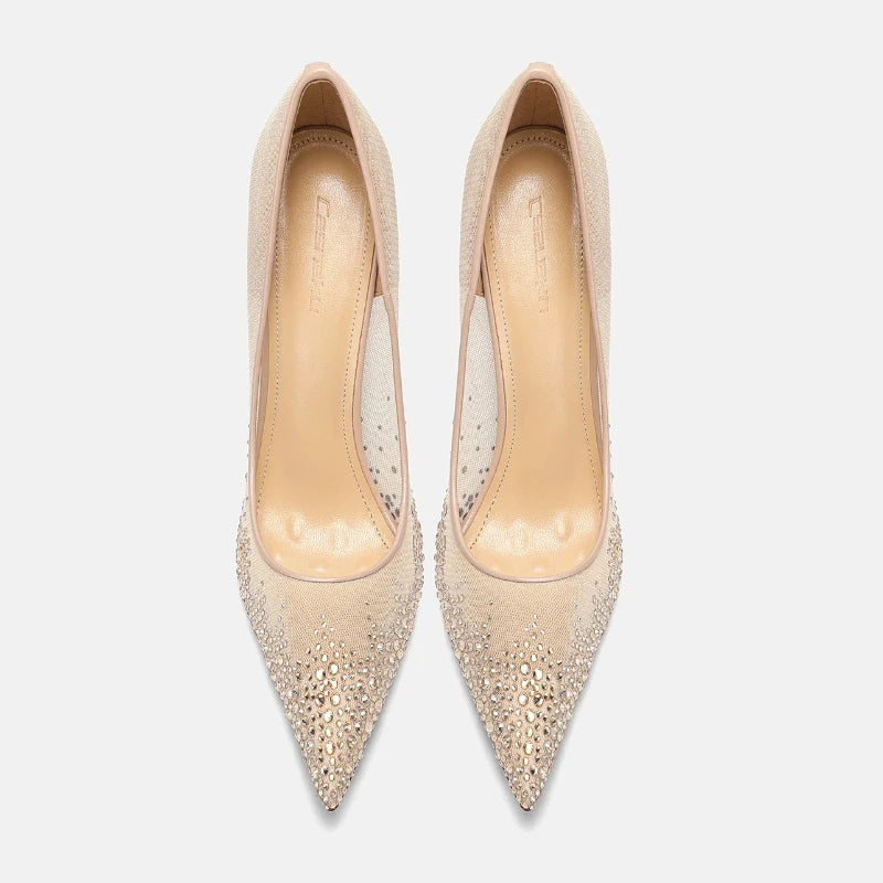 Yuejinlong Elegant Champagne Rhinestone Wedding Shoes Mesh Pointed Toe Stiletto High Heels Sexy Fairy Style Party Pumps 2026