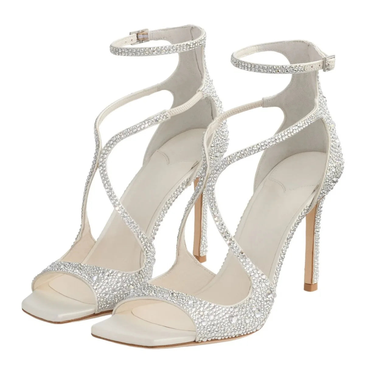 2026 Summer Women Luxury Bridal Rhinestone Stiletto Sandals Cutout Crisscross Straps Square Toe Ankle Buckle Heels
