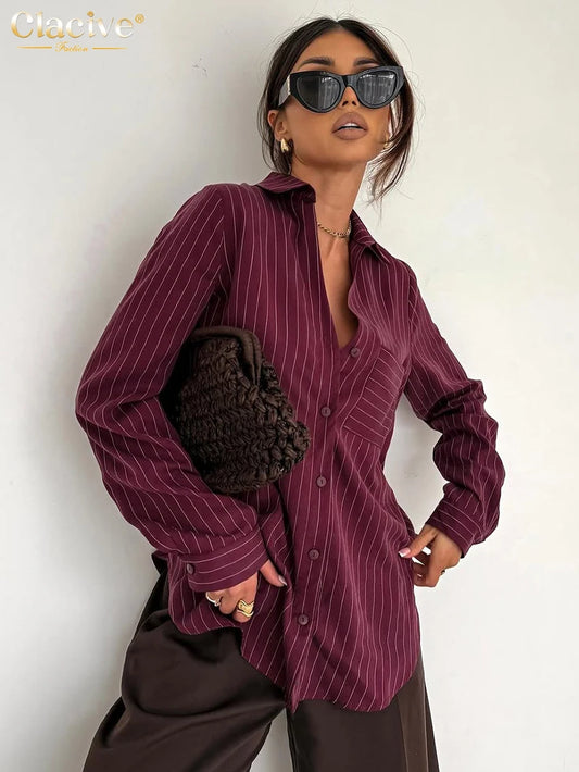Clacive Fashion Loose Wine Red Stripe Print Women's Blouse Spring Lapel Long Sleeve Lady Shirt Elegant Classic Top Female Clothi