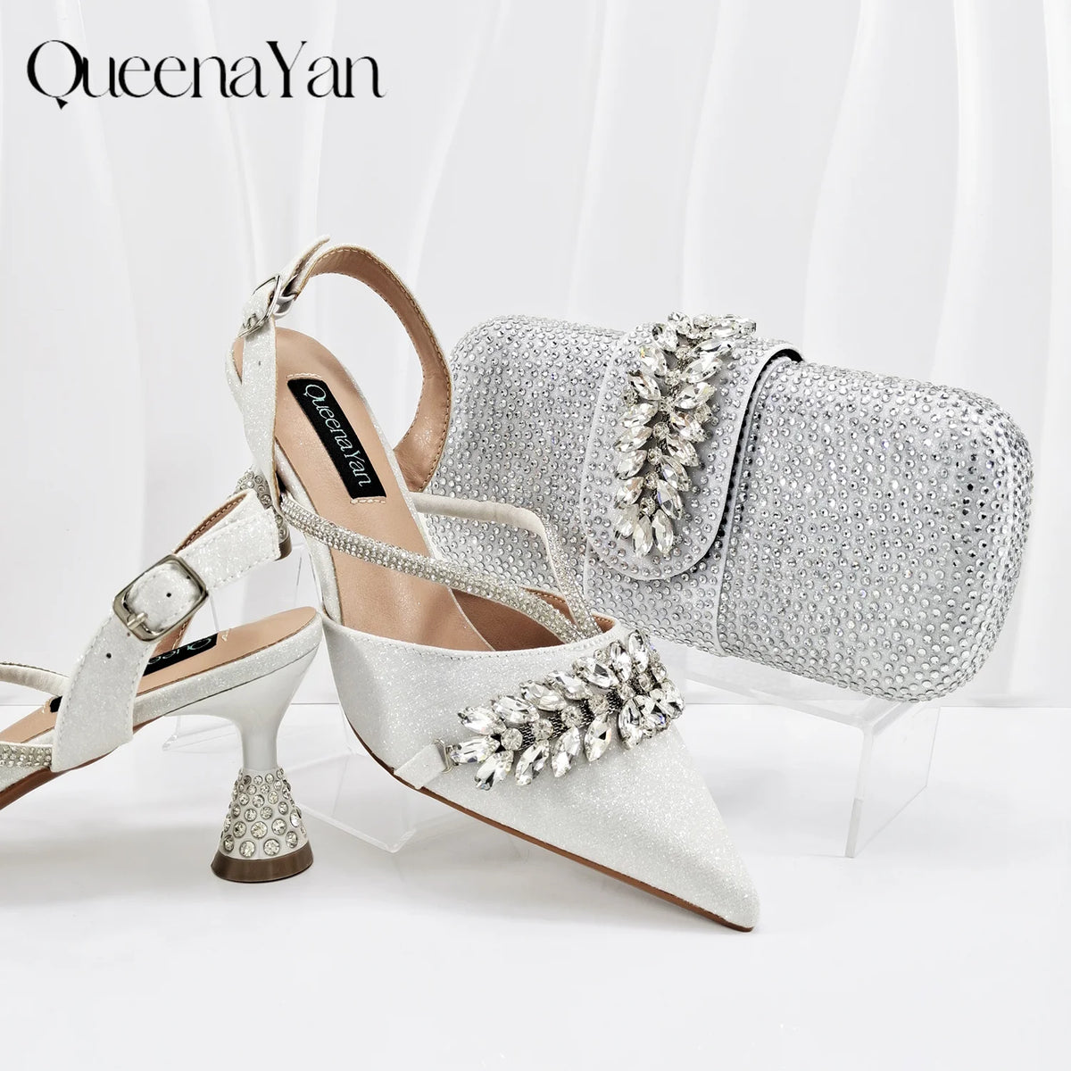 Queena Yan New Arrival Fashionable Olive Color Diamond Decorative Party Wedding Pointed Toe Women's High Heels and Bag Set