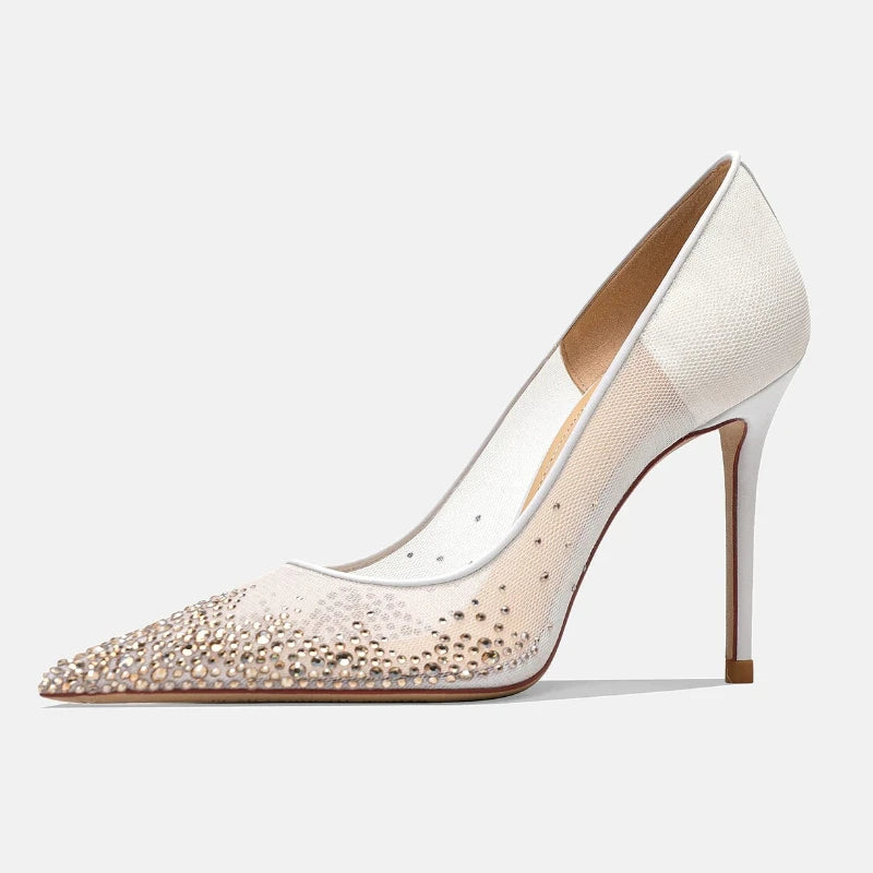 Yuejinlong Elegant Champagne Rhinestone Wedding Shoes Mesh Pointed Toe Stiletto High Heels Sexy Fairy Style Party Pumps 2026