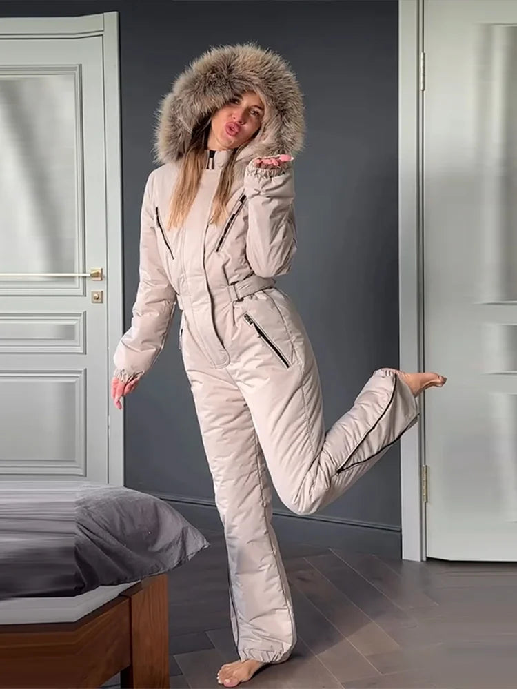 Solid Faux Fur Collar Skiing Jumpsuit Women's Full Sleeves Belted Zipper Pockets Rompers 2026 New Ladies Winter Fashion Snowsuit