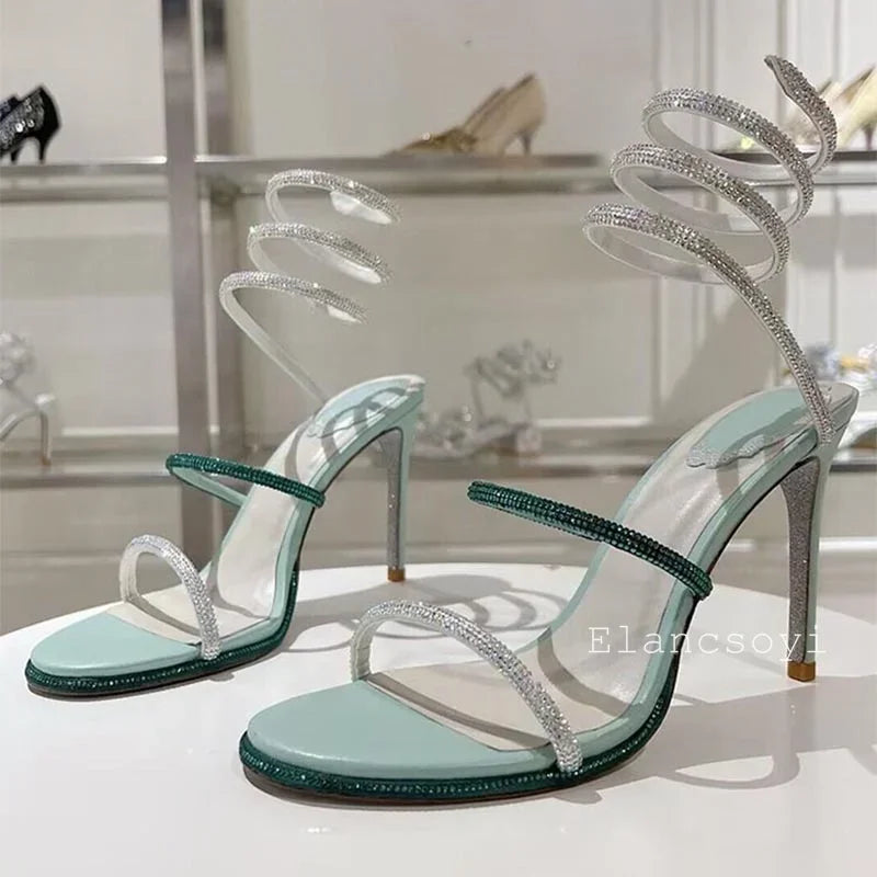 High Heels Gladiator Sandals Women Shiny Rhinestone Ankle Snake Shaped Winding Party Shoes Sexy Thin Heels Open Toe Sandalias