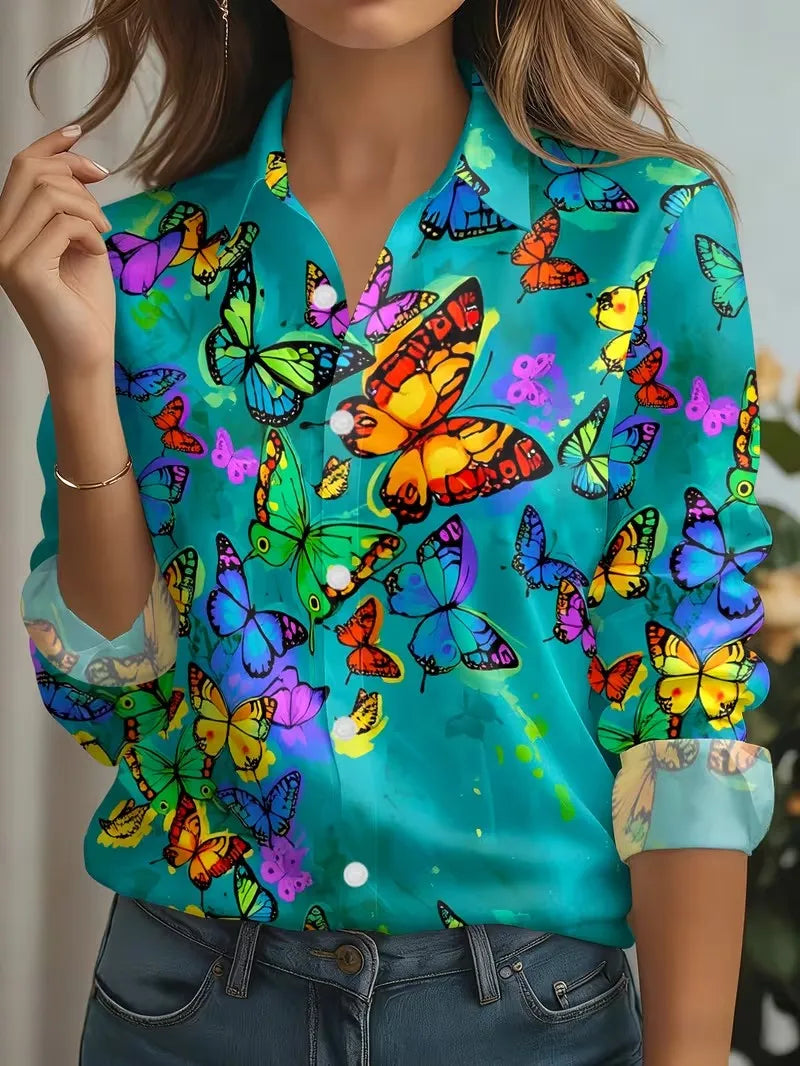 2026 Autumn New 3D Floral Print Blouse Ladies Long Sleeve Button Laple Loose Shirt Tops Casual Fashion Spring Women's Clothing