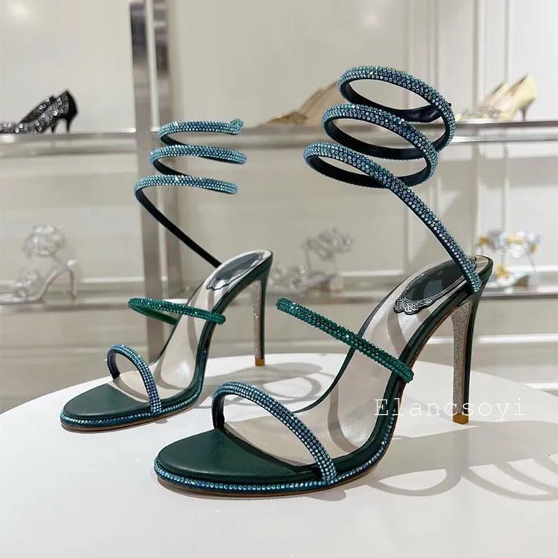 High Heels Gladiator Sandals Women Shiny Rhinestone Ankle Snake Shaped Winding Party Shoes Sexy Thin Heels Open Toe Sandalias
