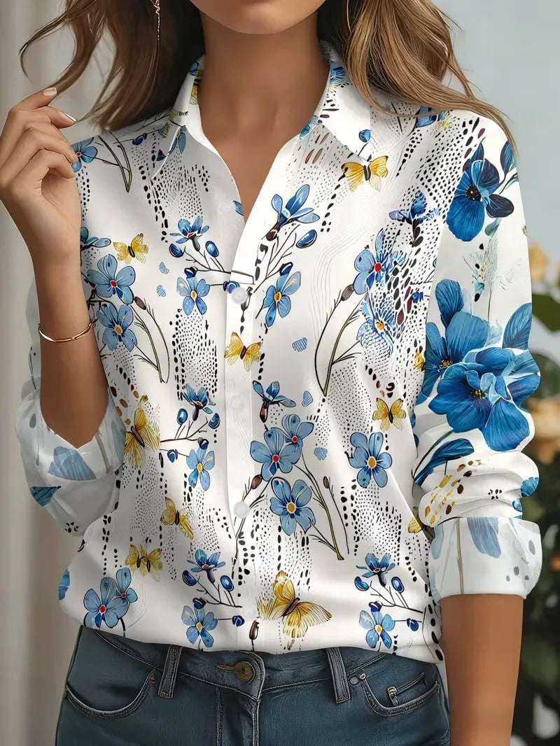 2026 Autumn New 3D Floral Print Blouse Ladies Long Sleeve Button Laple Loose Shirt Tops Casual Fashion Spring Women's Clothing