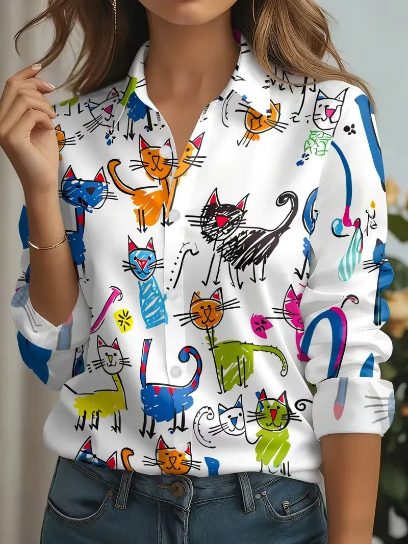 2026 Autumn New 3D Floral Print Blouse Ladies Long Sleeve Button Laple Loose Shirt Tops Casual Fashion Spring Women's Clothing