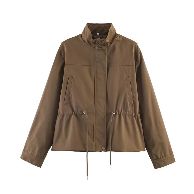 Women's Jacket 2026 New Fashion Long-Sleeve Drawstring Waist Stand-Collar Jacket Casual Chic Personality Autumn Ladies Coat